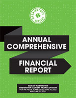 2022 Washington's Lottery Annual Financial Report cover with angular black ribbon on green.