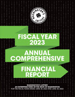 2023 Washington's Lottery Annual Financial Report cover with angular green ribbon on black.