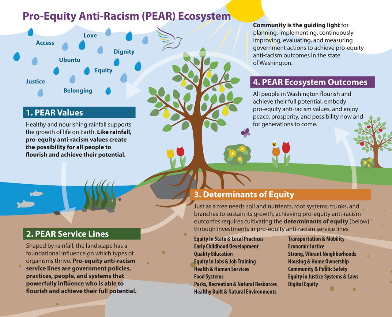PEAR Ecosystem. PEAR Values, PEAR Service Lines, Determinants of Equity and PEAR Ecosystem Outcomes.