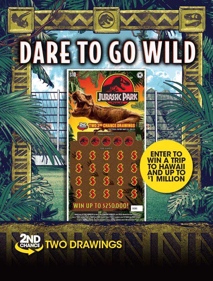 Dare o Go Wild. Enter To Win A Trip To Hawaii And Up To $1 Million. Two Second Chance Drawings. Jurassic Park Scratch ticket on jungle background.