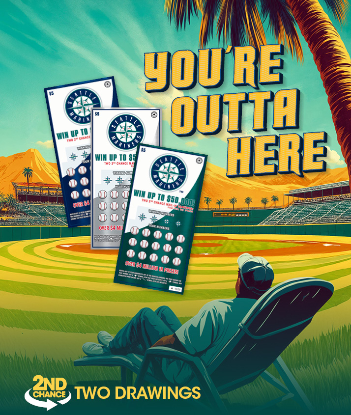 You're Outta Here! Two Second Chance Drawings. Three Mariners Scratch tickets on illustration of Fan in chair looking at the diamond.