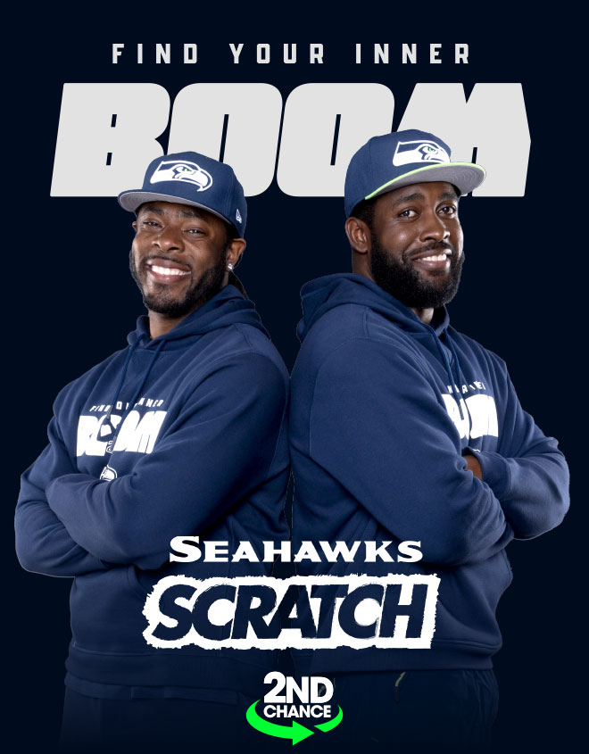 Find Your Inner Boom. Richard Sherman and Kam Chancellor in blue smiling. Seahawks Scratch Second Chance.