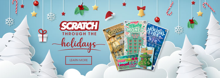 Holiday Scratch tickets on blue background with ornaments hanging down.