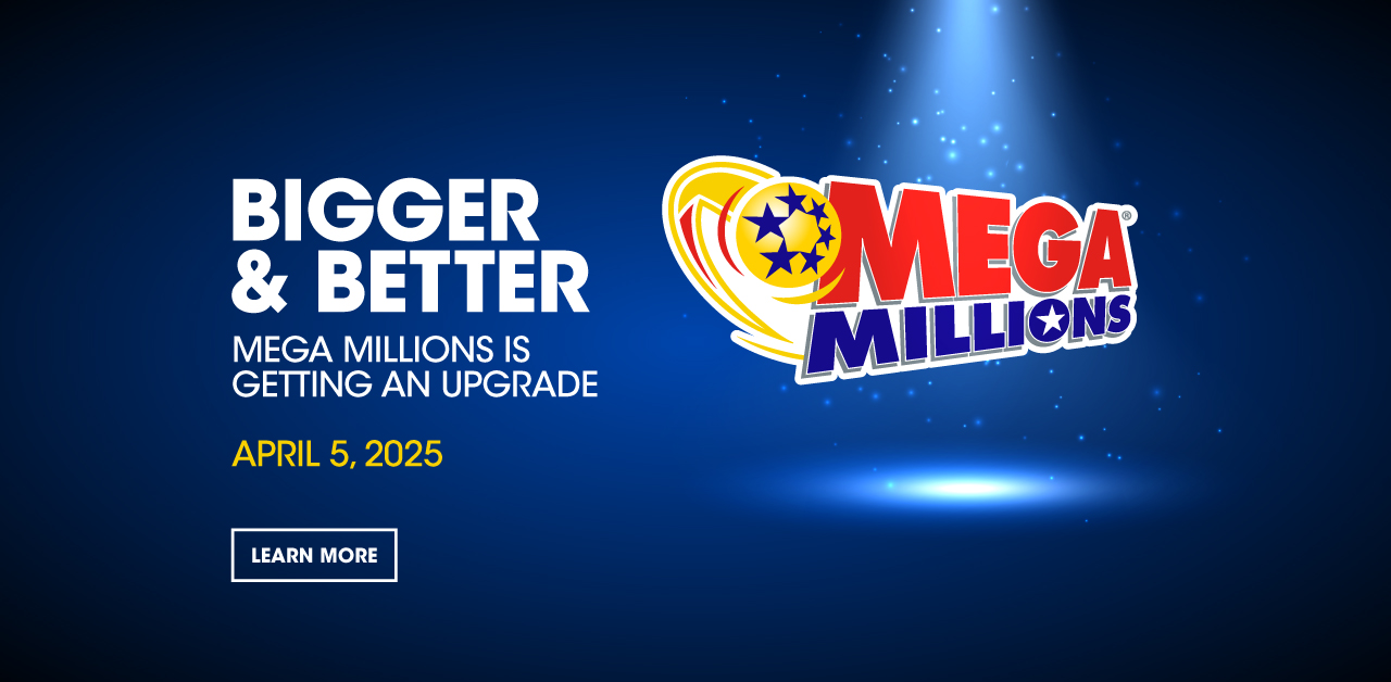 Mega Millions Logo under spotlight on field of blue.