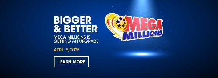 Mega Millions Logo under spotlight on field of blue.