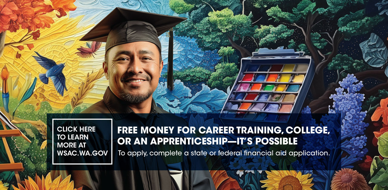 College Graduate in cap and gown over top of a colorful painting of flowers and birds