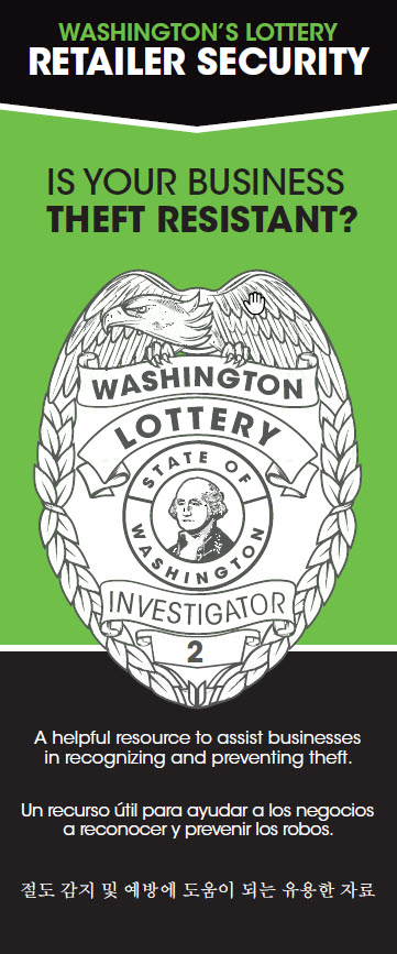 Washington's Lottery Retailer Security Brochure Cover with Washington Lotery Investigator badge and text.